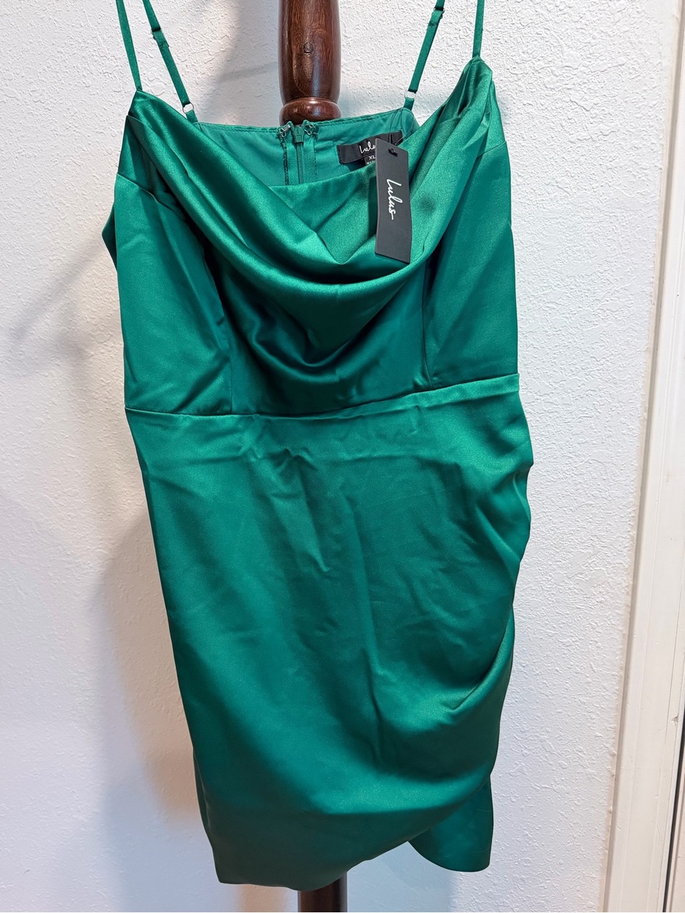 Lulu's Satin Cowl Neck Emerald Mini Dress